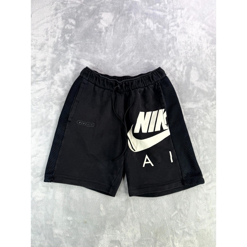 Nike Air French Terry Sweat Shorts Mens Small Black Graphic Swoosh Mesh Sides